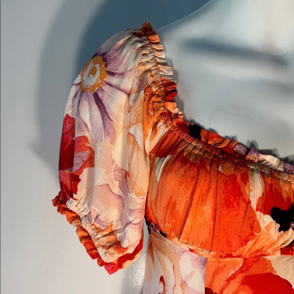H&M SZ M Abstract Coral Floral Midi Dress Milkmaid Romantic Cottage Art to Wear - Picture 5 of 10